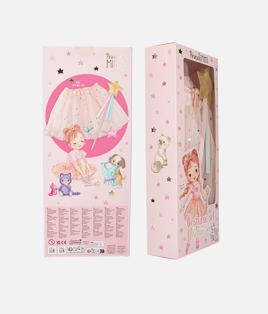 Pink toy packaging with illustrations of a ballerina and accessories on a white background