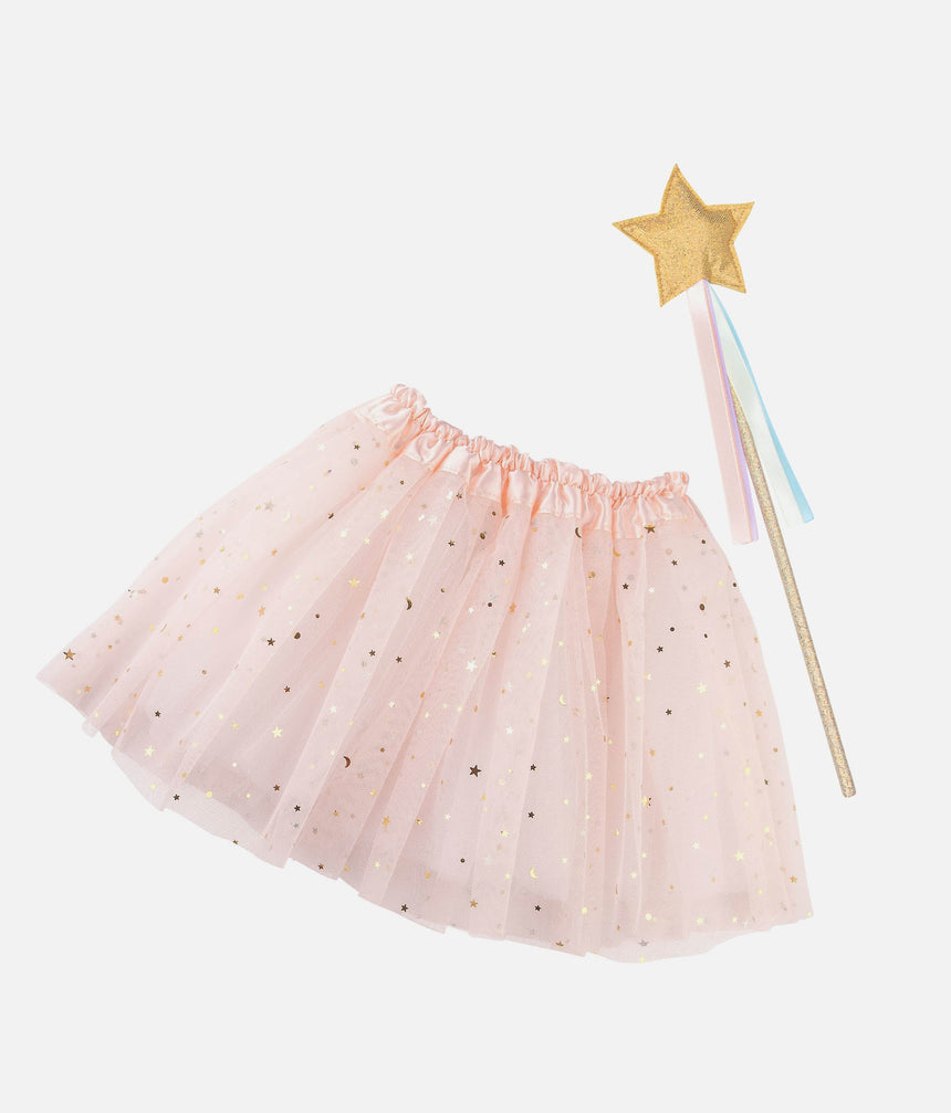 Pink tulle skirt with gold stars and a gold star wand on a white background