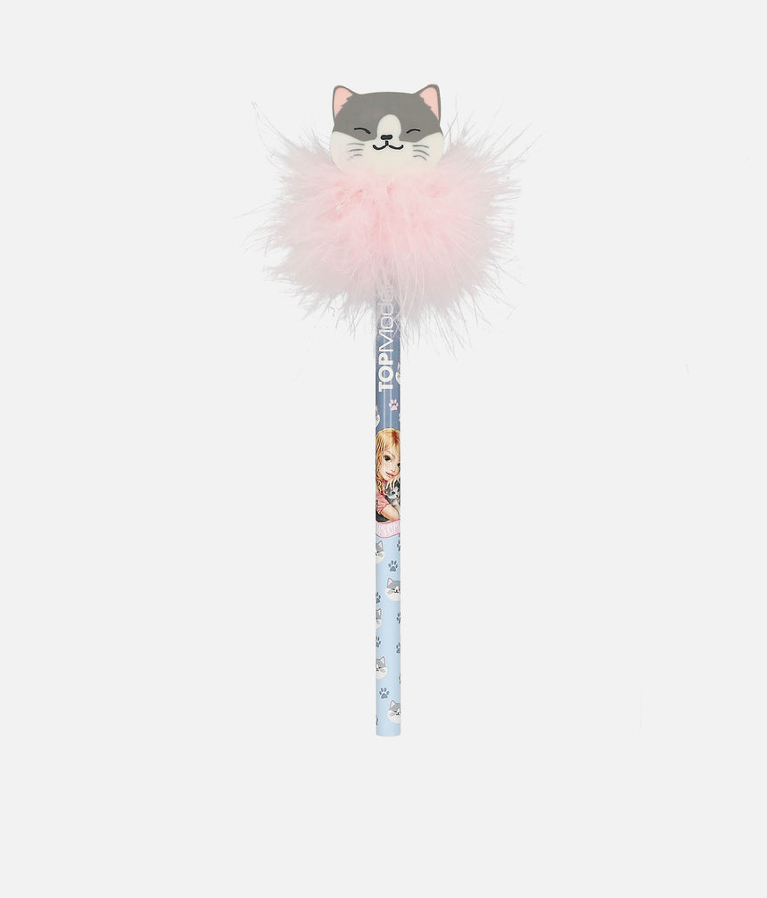 TOPModel Cat Pencil With Eraser, Fluffy Feather Top & Cute Kitten Design - 0013391