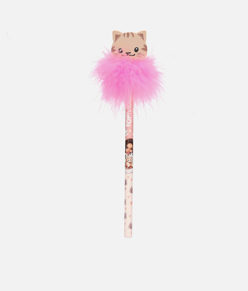 TOPModel Cat Pencil With Eraser, Fluffy Feather Top & Cute Kitten Design - 0013391