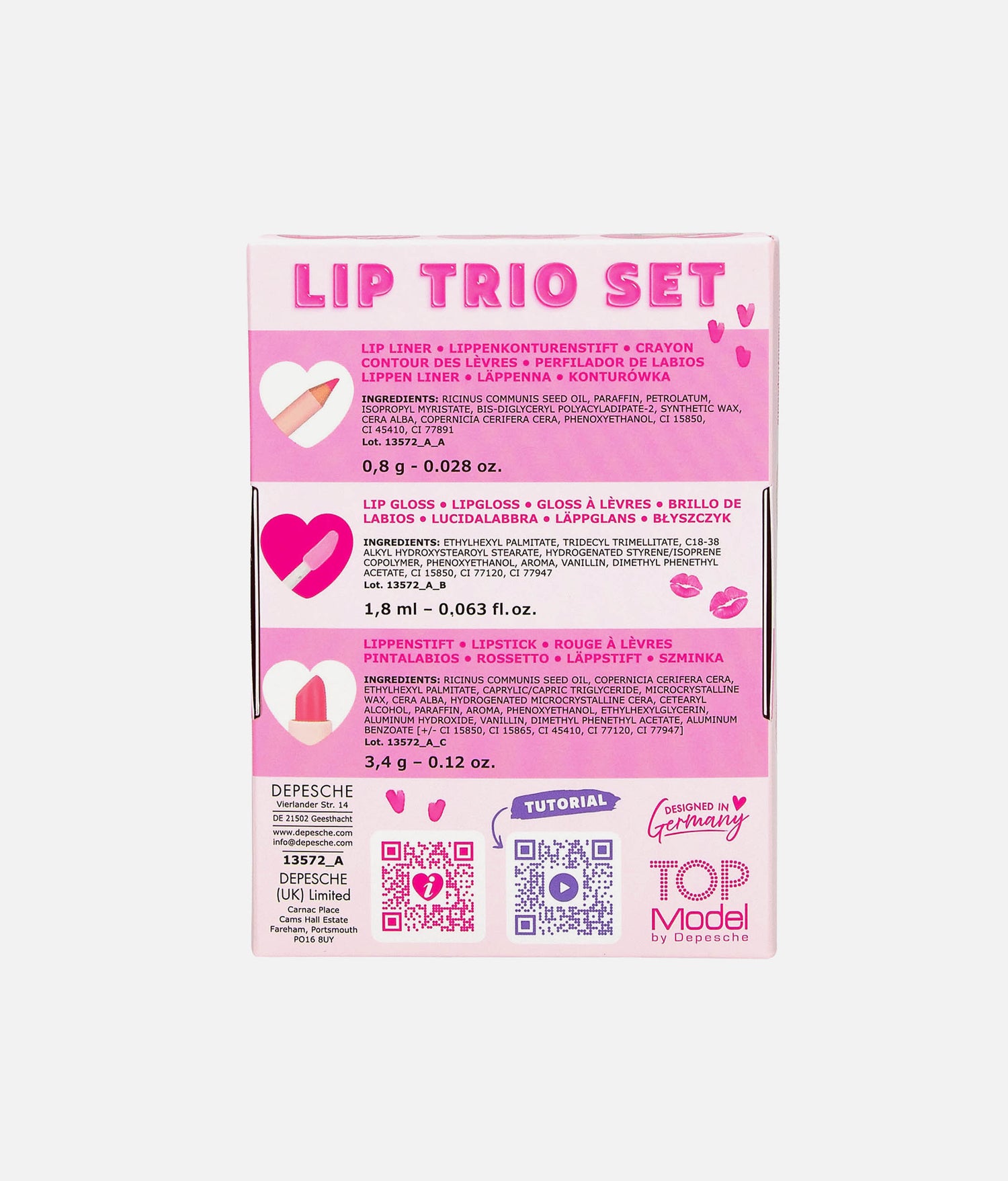 TOPModel Lip Trio Set, Pink Lipstick, Gloss & Liner for Teen Girls - 0013572