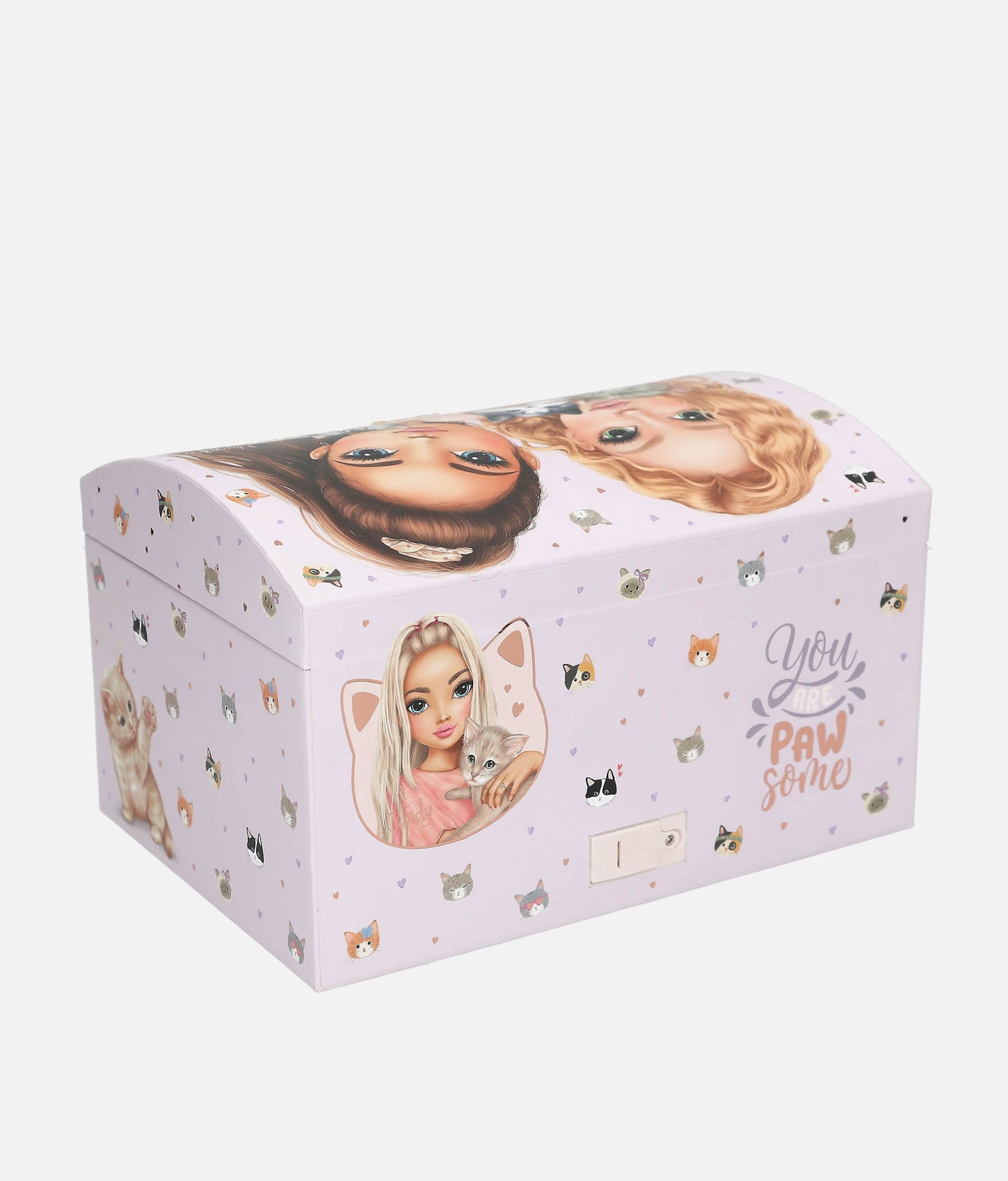 Children's storage box with cartoon characters and paw prints on a white background