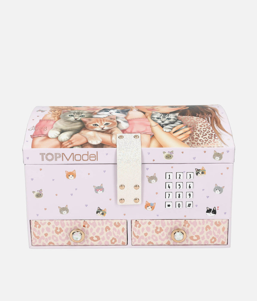 TopModel toy box with cat design and lock on a white background