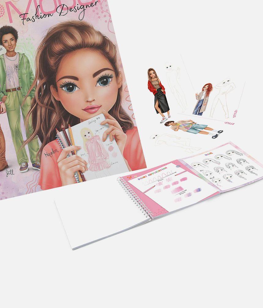 Children's fashion design book with illustrations of a girl and people, on a white background.