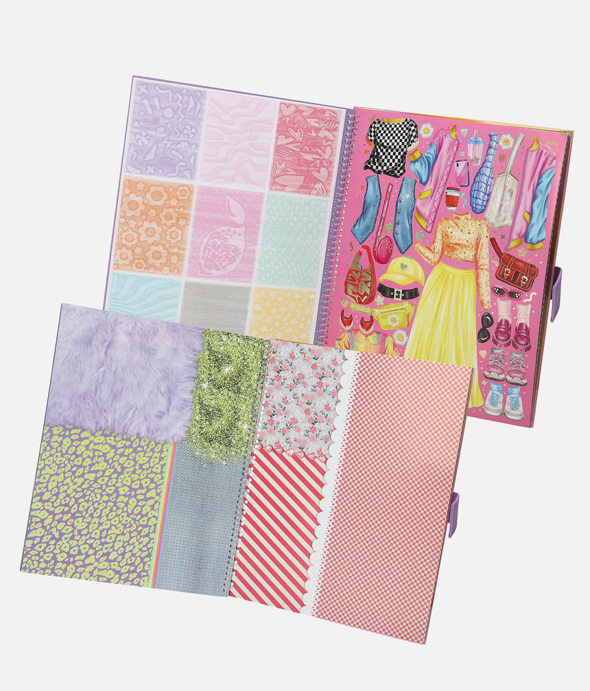 Colorful patchwork fabric swatches with a toy dress-up set on a white background