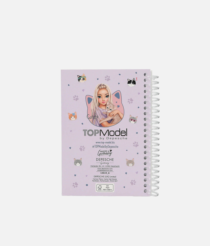 Spiral-bound notebook with TopModel design on a white background