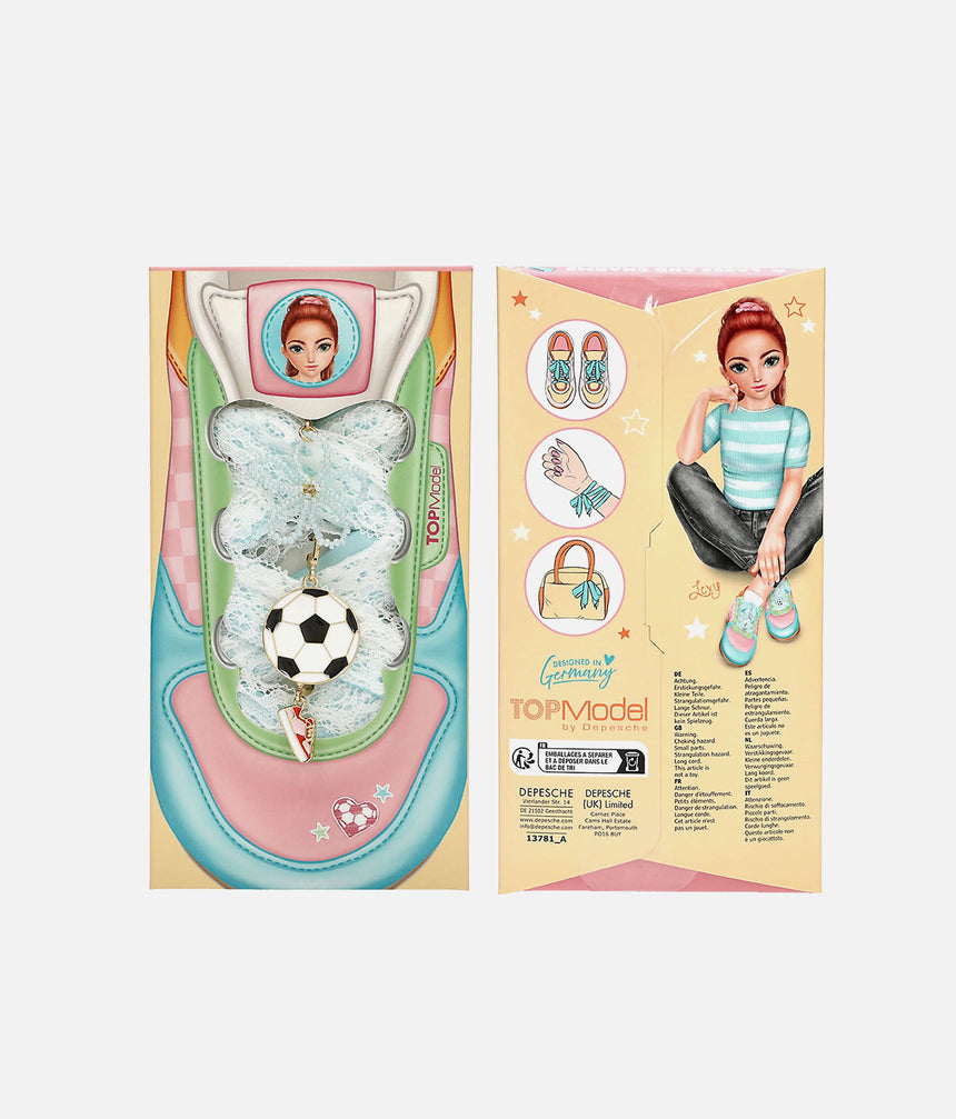 Front and back of TOPModel DIY Laces and Charms football set on a trainer-themed presentation card