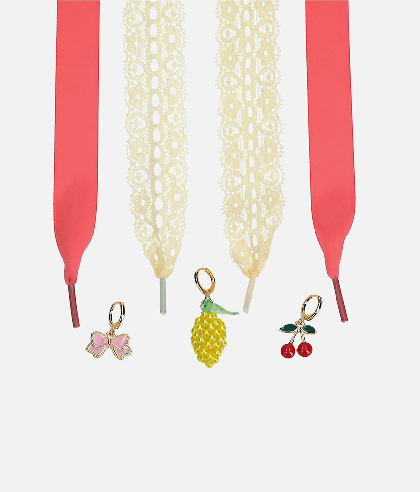 TOPModel coral-red satin and pale yellow lace shoelaces with pineapple, cherry and pink bow clip-on charms