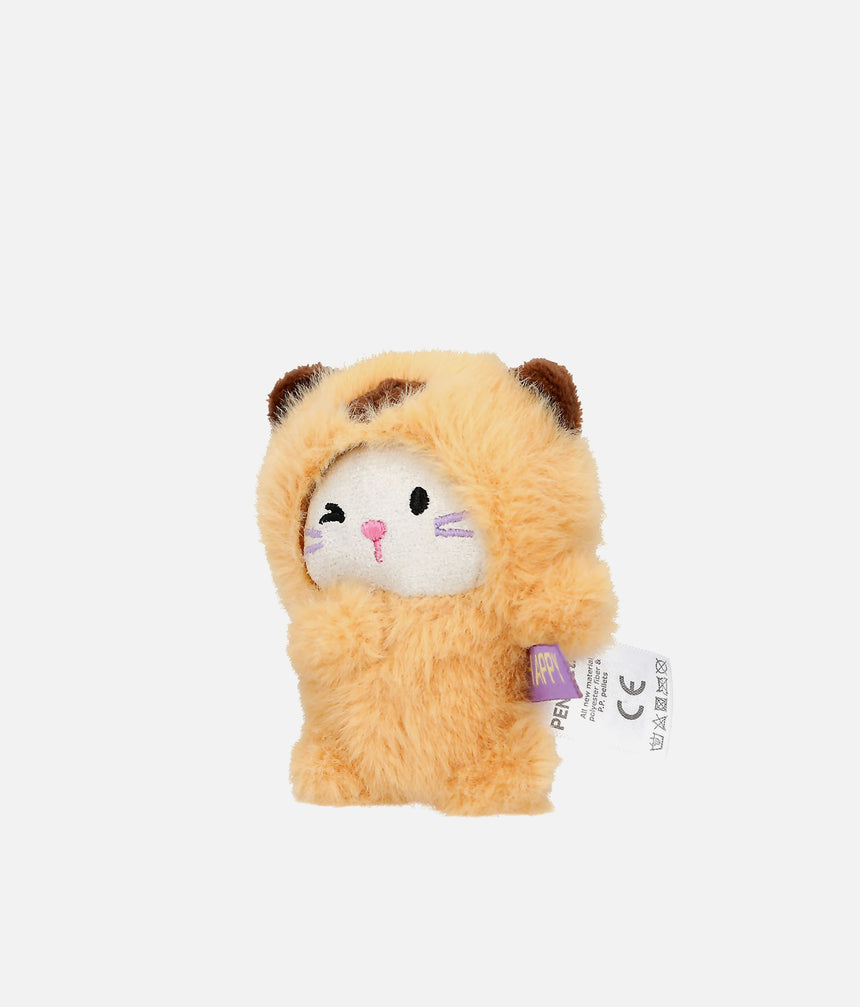 A small plush toy shaped like a cat wearing a fuzzy tan costume, with a white face, dark brown ears, and a small attached product tag on a plain light gray background.
