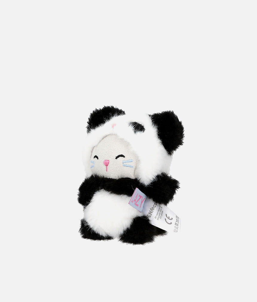 PENfection Tiny Crew Lazy kitten bag charm wearing a black-and-white panda jumpsuit with a pink clip