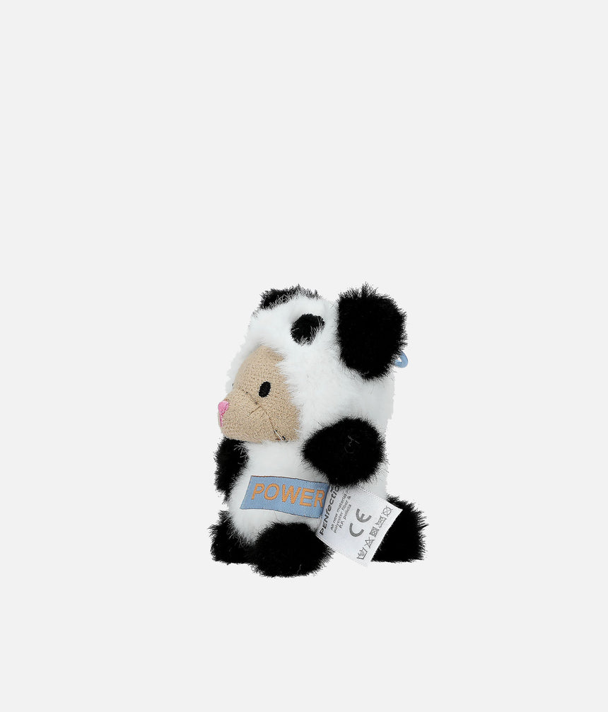 A small plush panda toy with black and white fur, a beige snout, and a pink nose, sitting against a plain light gray background. A blue tag reading 'POWER' is attached to its neck, and a white tag is wrapped around its belly.