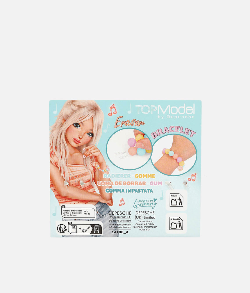 Back of TOPModel eraser bracelet presentation card showing the bracelet worn and used as an eraser