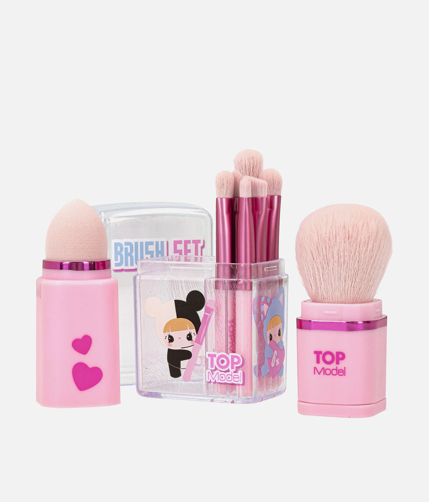 Open TOPModel KPOP brush set showing pink brushes, blending sponge and clear storage box