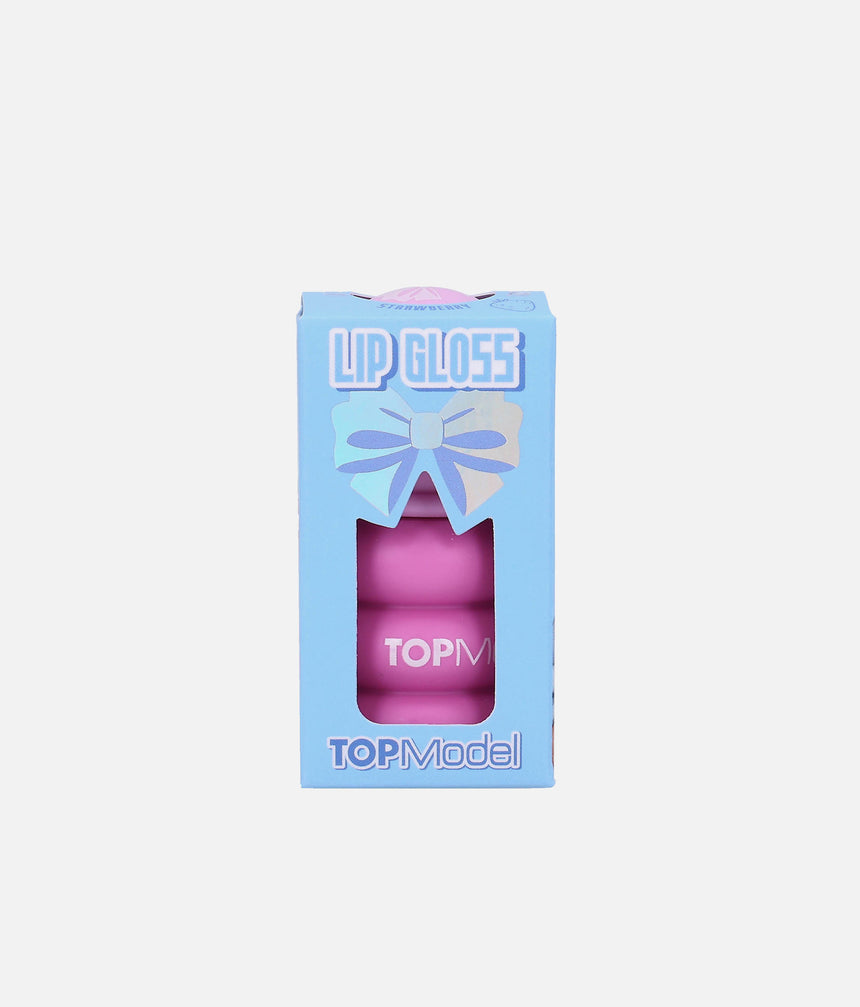 TOPModel strawberry Bubble KPOP lip gloss in a bright pink bottle inside a blue window box with a bow design