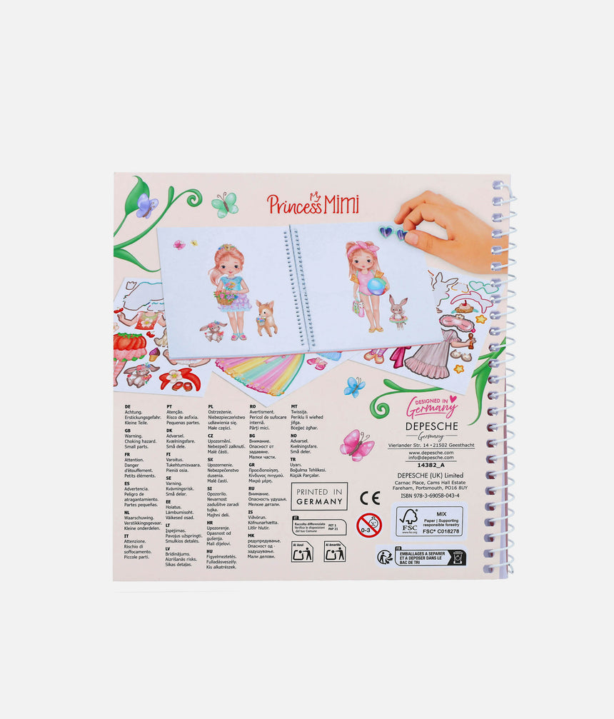Back cover of Princess Mimi Dress Me Up Sticker Book showing a sticker activity example and product information