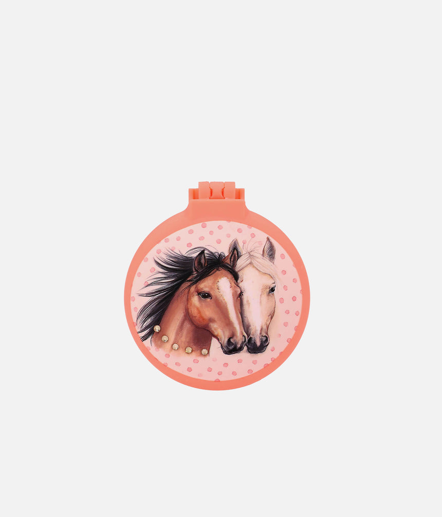 Closed orange Miss Melody folding hairbrush with two horses, a dotted background and golden rhinestone details