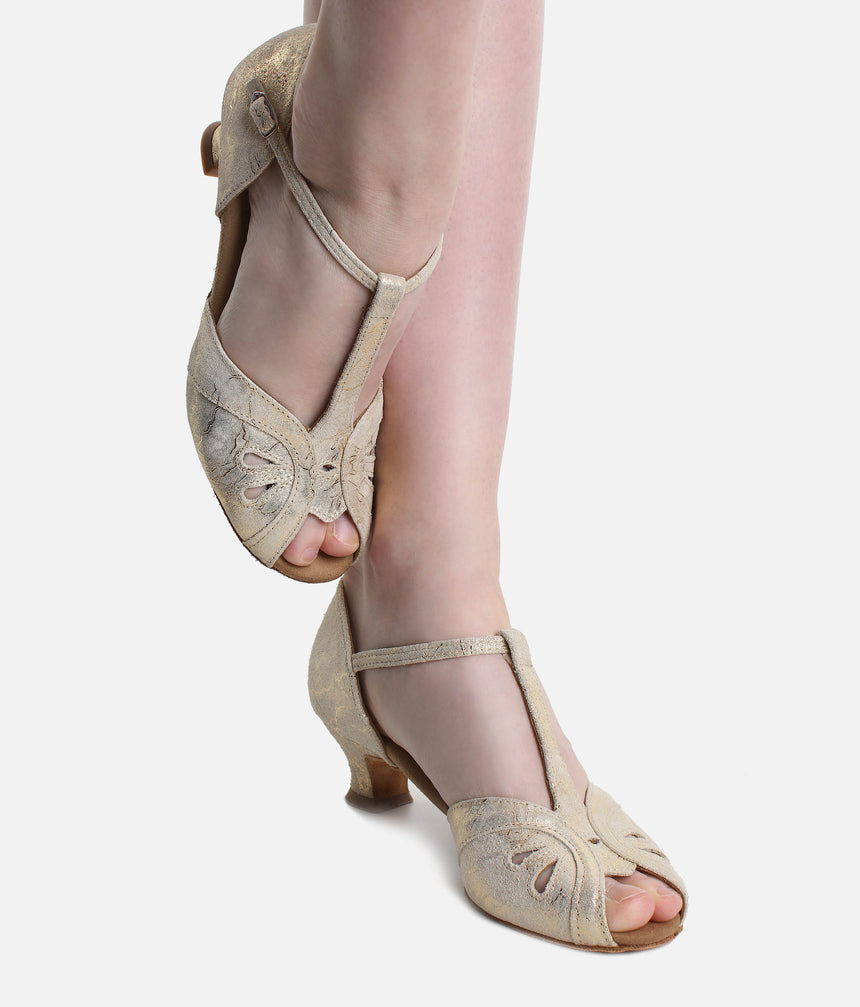 Gold Ballroom Dance Shoes with Low Heel, Open Toe, T-Bar Strap - 019
