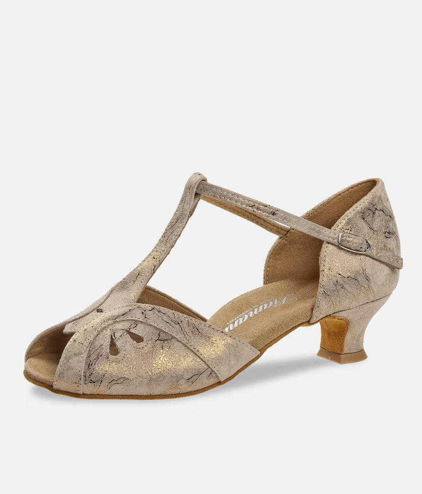 Gold Ballroom Dance Shoes with Low Heel, Open Toe, T-Bar Strap - 019
