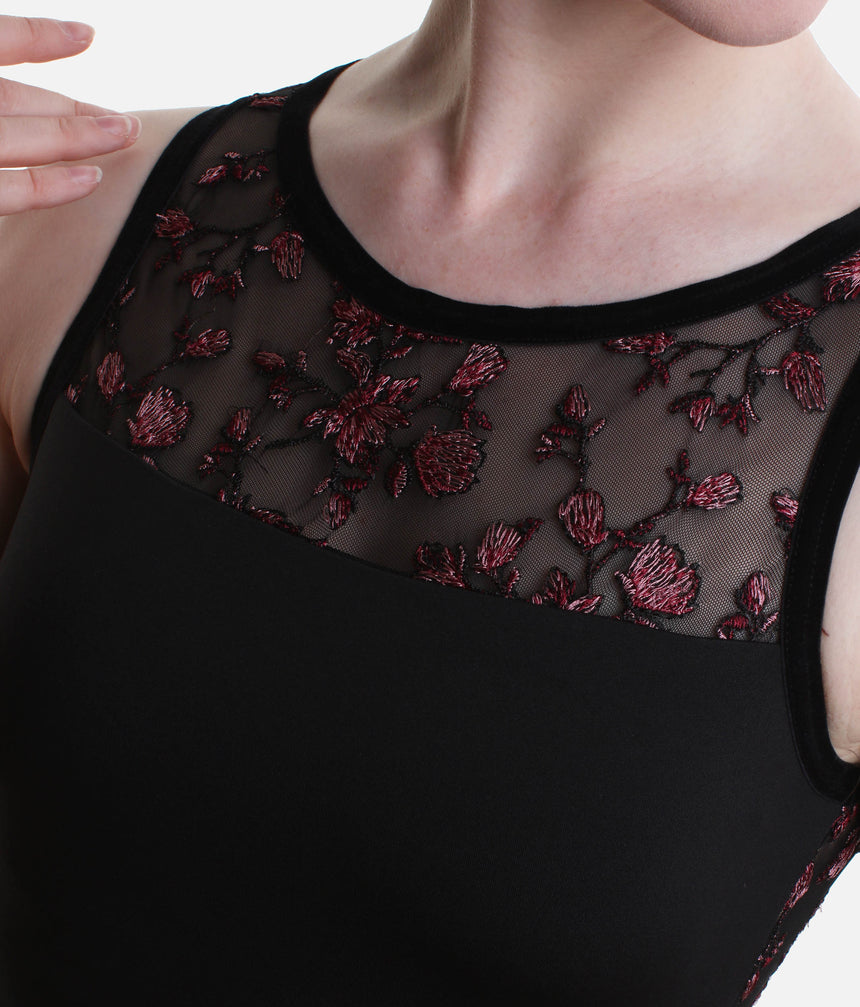 Allure Mesh Back Leotard with Floral Detail & Luxury Velvet Trim - 12401W