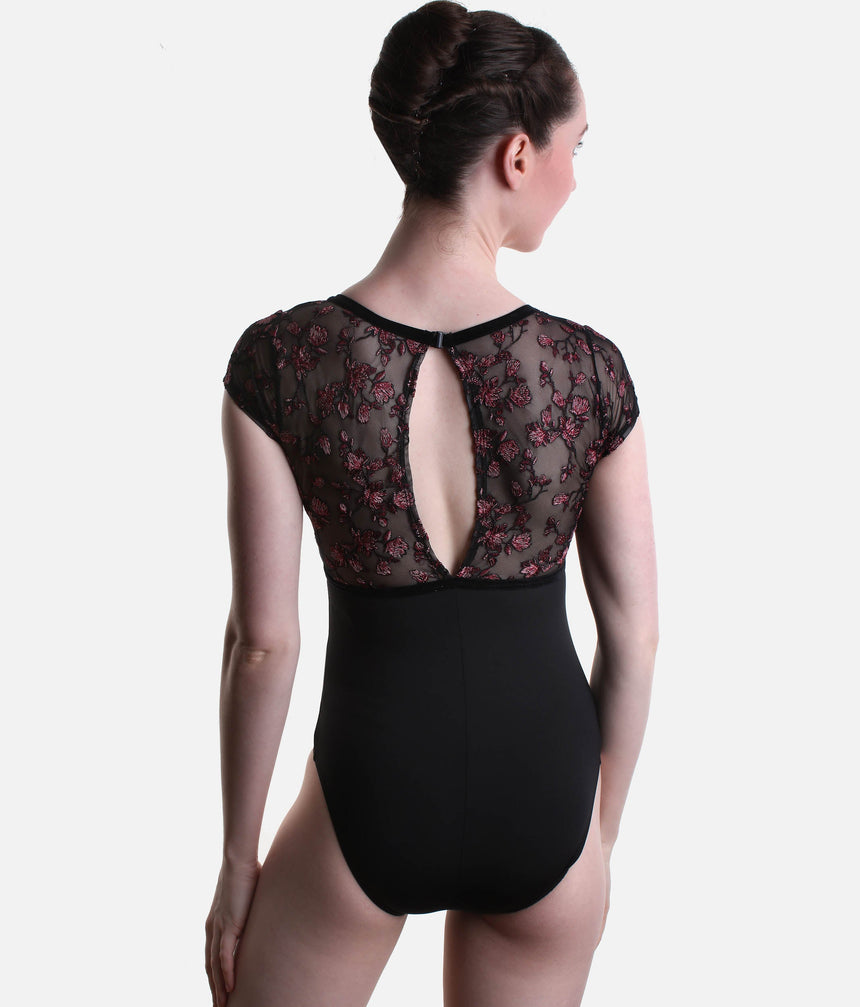 Fascination Short Sleeve Leotard, Deep V Neck & Floral Mesh Back - 12402W