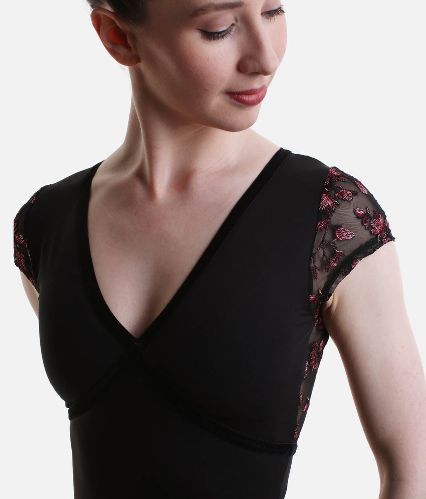 Fascination Short Sleeve Leotard, Deep V Neck & Floral Mesh Back - 12402W