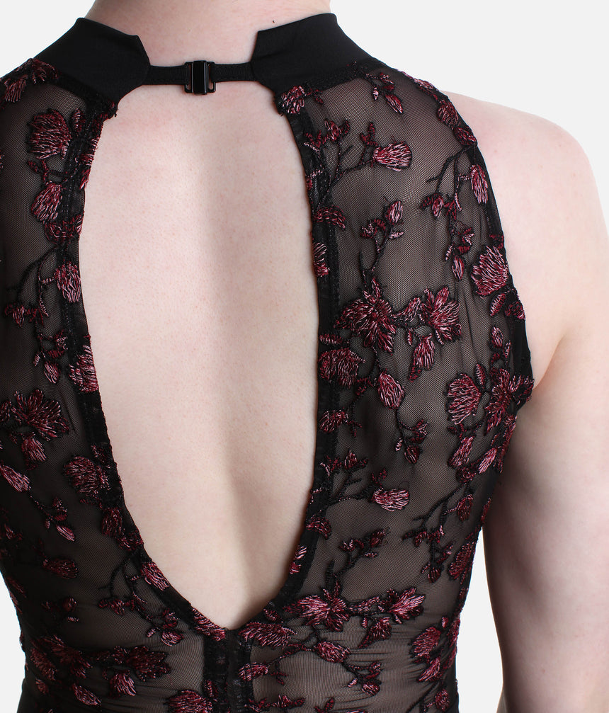 Embellish High Neck Leotard with Floral Embroidered Mesh Back - 12403W