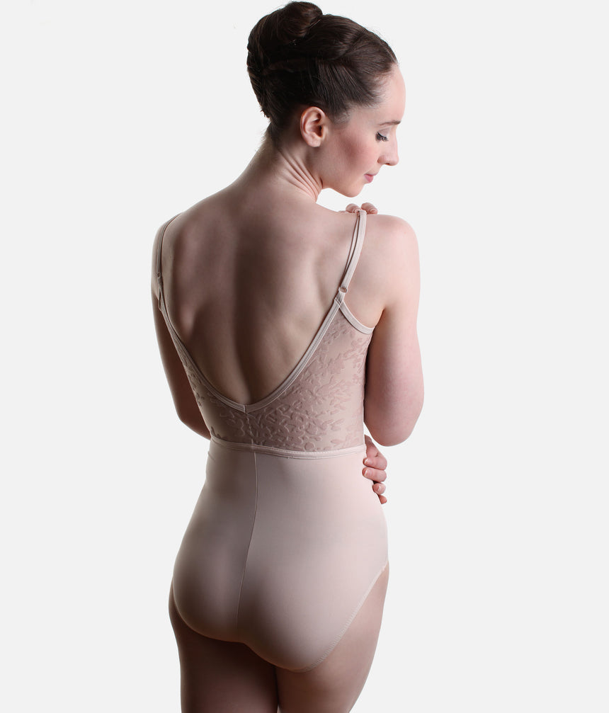 Back view of Pink Capezio Poiret F12700W leotard with adjustable straps, a low V-back, sheer floral panels and a plain lower section.