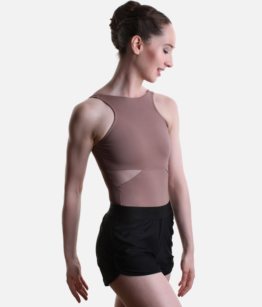 Three-quarter front view of So Danca SD2561 Flow Ease shorts in Black, showing the relaxed short-leg silhouette