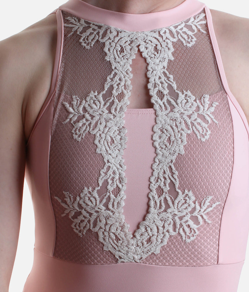 Sleeveless Dance Leotard with Elegant Lace Panels and Hook Neck - 31705