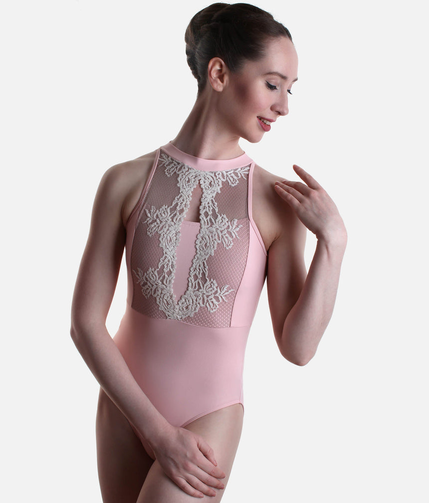 Sleeveless Dance Leotard with Elegant Lace Panels and Hook Neck - 31705