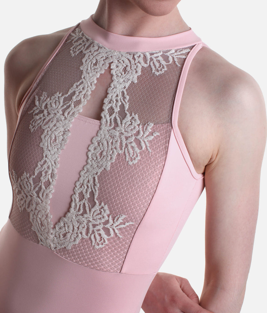 Sleeveless Dance Leotard with Elegant Lace Panels and Hook Neck - 31705