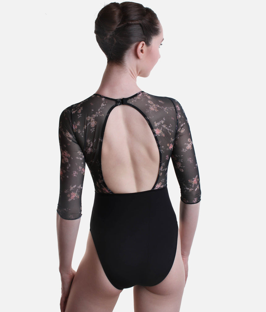 Frida Floral Print Leotard, ¾ Sleeve, Open Back, Lined - 31710