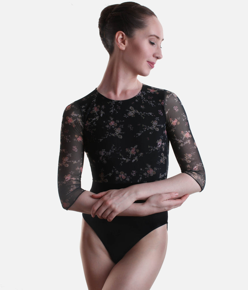 Frida Floral Print Leotard, ¾ Sleeve, Open Back, Lined - 31710