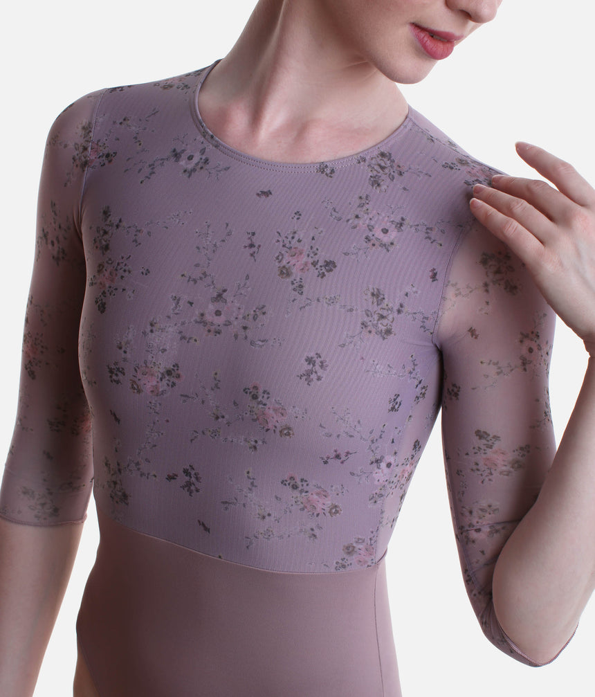 Frida Floral Print Leotard, ¾ Sleeve, Open Back, Lined - 31710