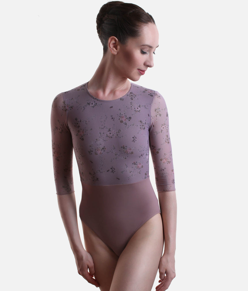 Frida Floral Print Leotard, ¾ Sleeve, Open Back, Lined - 31710