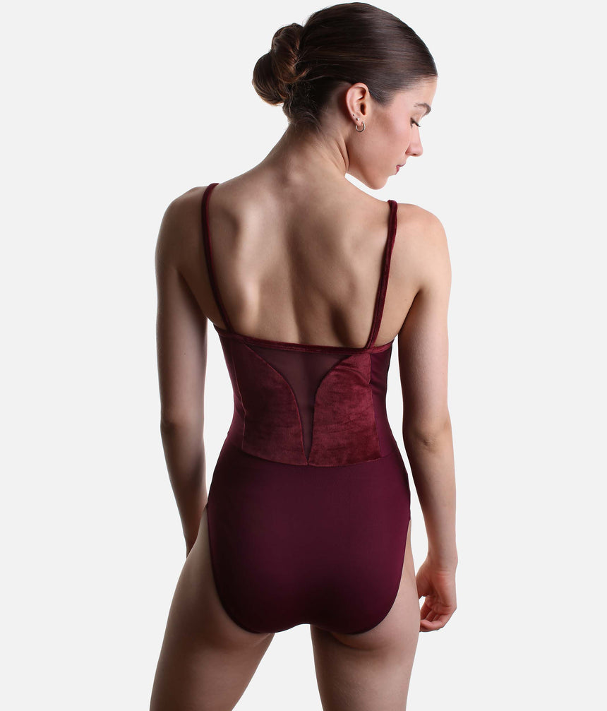 Back of the burgundy Intermezzo India leotard with fine velvet straps and a tapered tulle insert between velvet panels.
