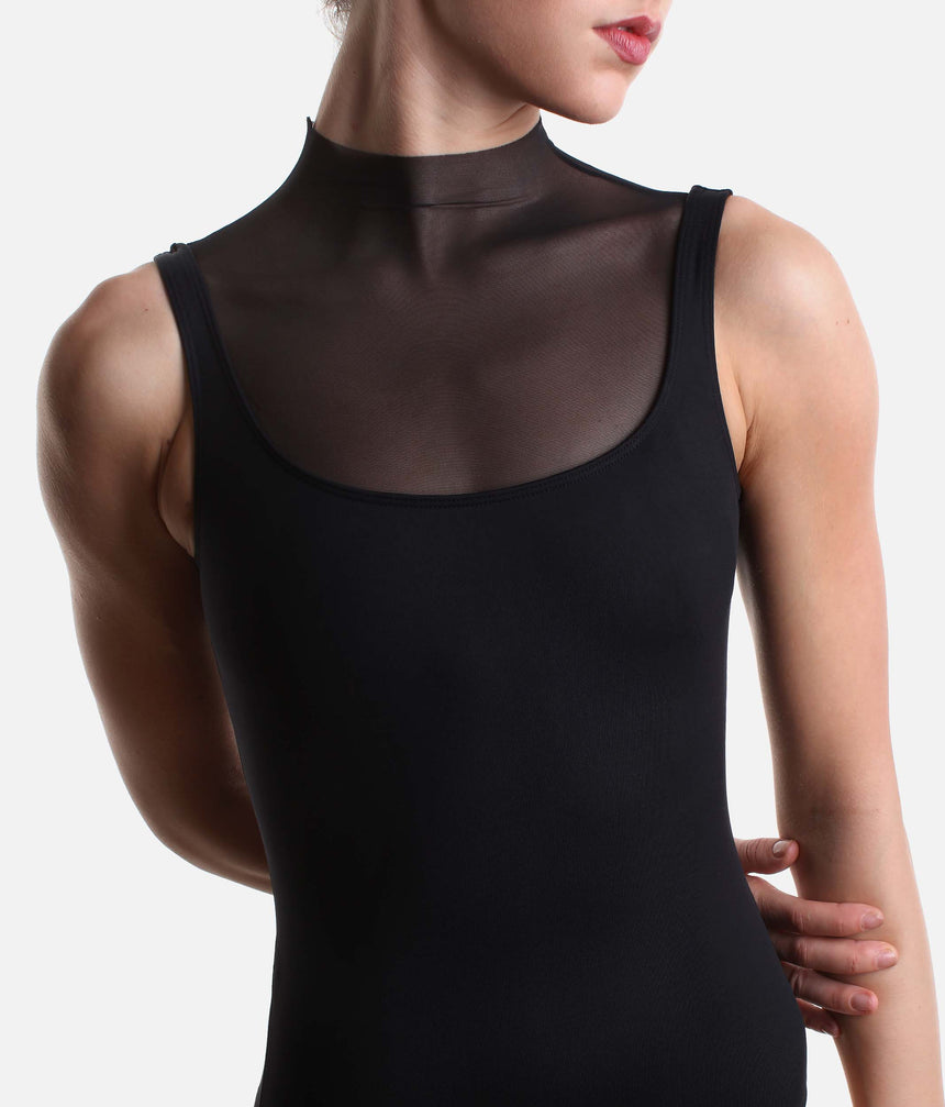 Intermezzo Ingrid ballet leotard in black, with tonal tulle across the upper chest and a smooth fitted front.