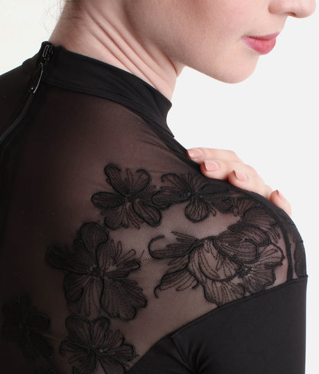 Calista Floral 3/4 Sleeve Dance Leotard, High Neck & Embroidered Mesh - L60001