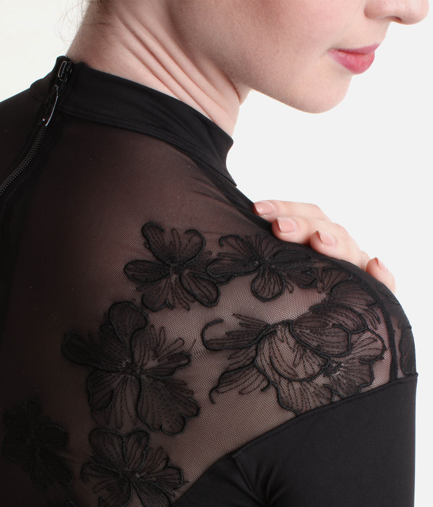 Calista Floral 3/4 Sleeve Dance Leotard, High Neck & Embroidered Mesh - L60001