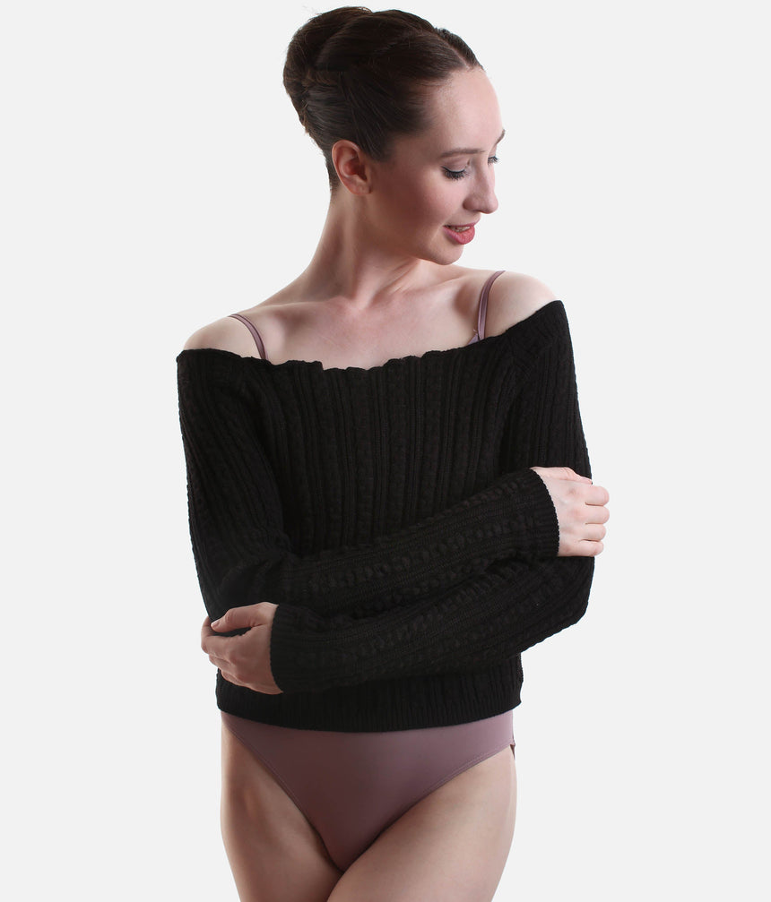 Off-the-Shoulder Cropped Long-sleeve Sweater, Soft Ribbed Knit Warm-Up Top - 6646