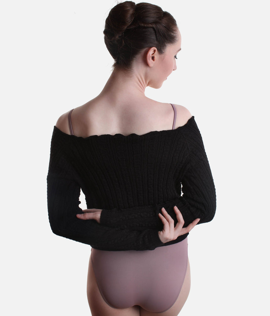 Off-the-Shoulder Cropped Long-sleeve Sweater, Soft Ribbed Knit Warm-Up Top - 6646