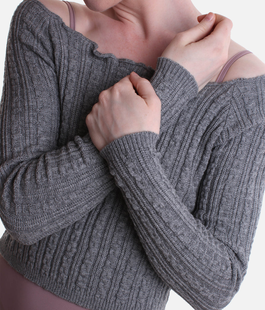 Off-the-Shoulder Cropped Long-sleeve Sweater, Soft Ribbed Knit Warm-Up Top - 6646