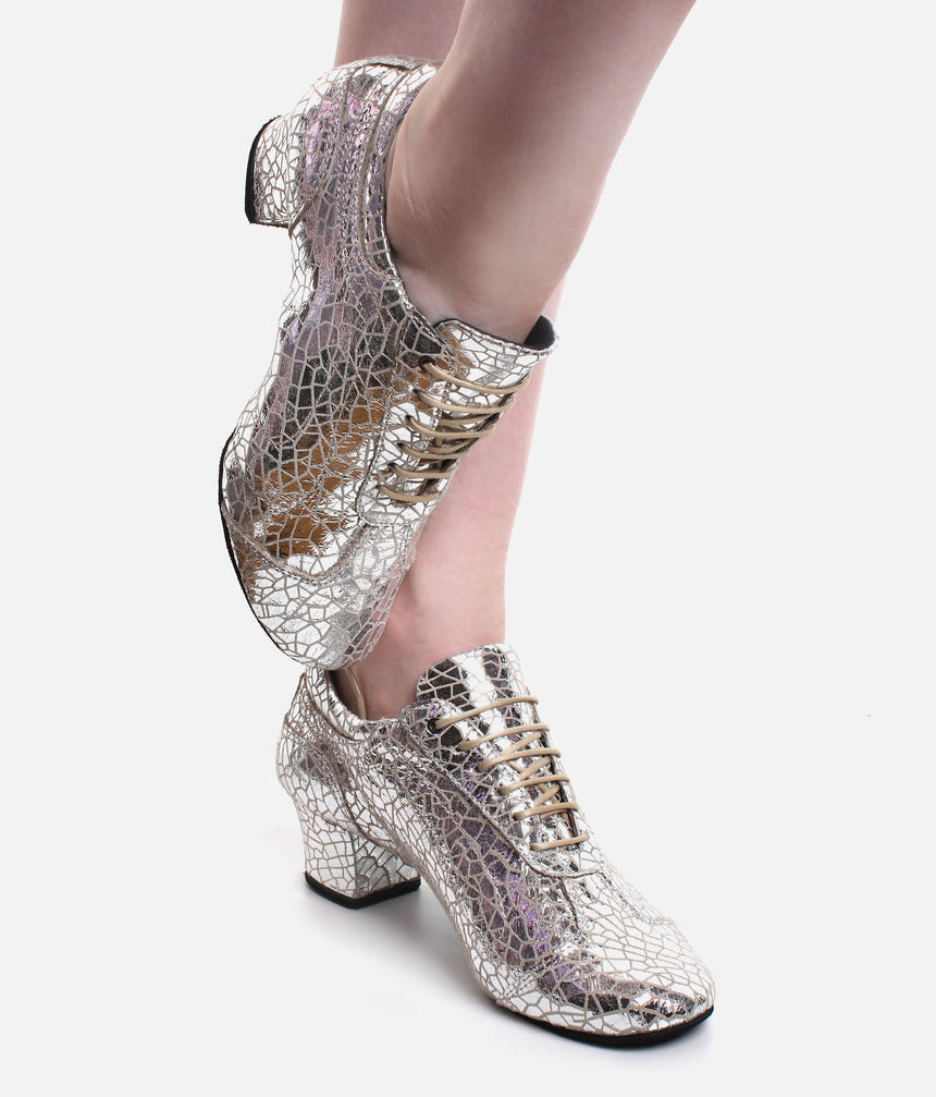 Silver Practice Shoes with Supportive Cuban Heel, Secure Lace-Up - PD706