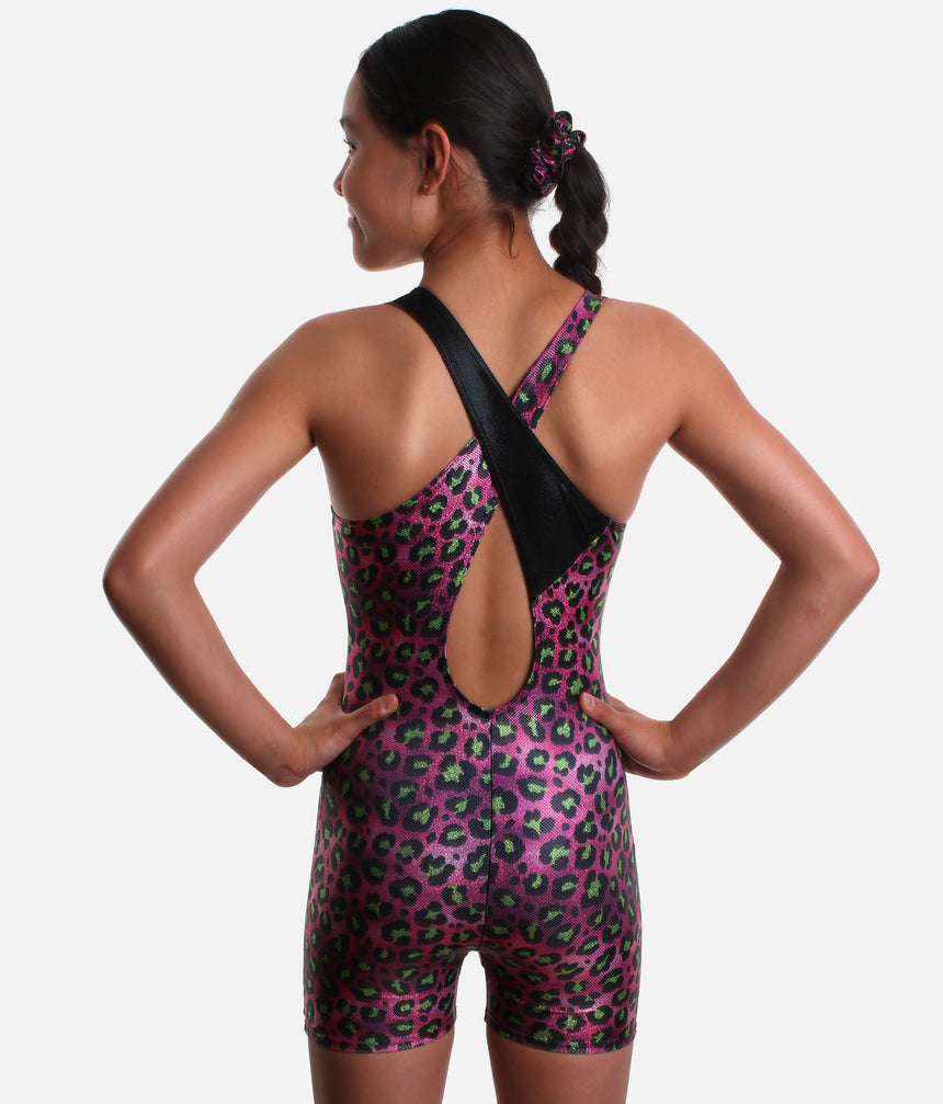 Girls Gymnastics Biketard, Metallic Cheetah Print with Crisscross Back - 7826