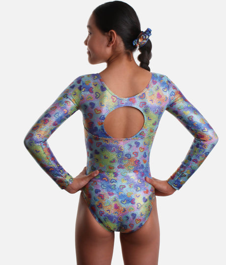 Girls Long Sleeve Gymnastics Leotard, Holographic Rainbow Heart Print - 7831