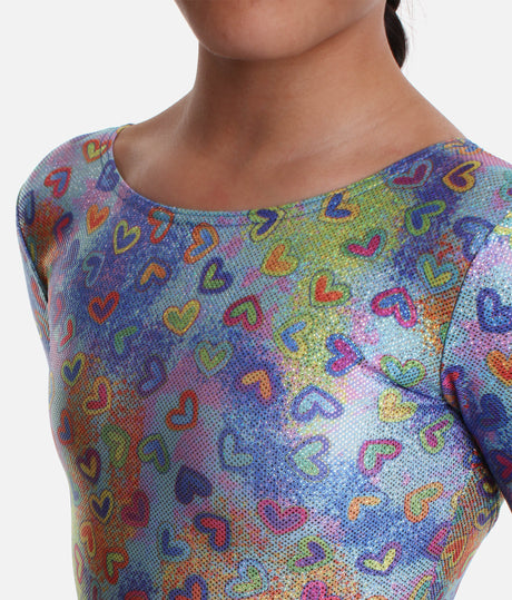 Girls Long Sleeve Gymnastics Leotard, Holographic Rainbow Heart Print - 7831