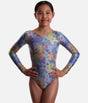 Girls Long Sleeve Gymnastics Leotard, Holographic Rainbow Heart Print - 7831