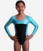 Girls Long Sleeve Gymnastics Leotard, Aqua & Black Shine Performance Wear - 7834