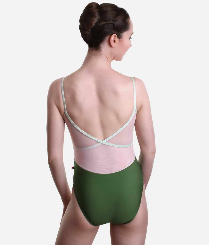 Open Back Dance Leotard, Velvet Trim & Mesh Panels - FIONA