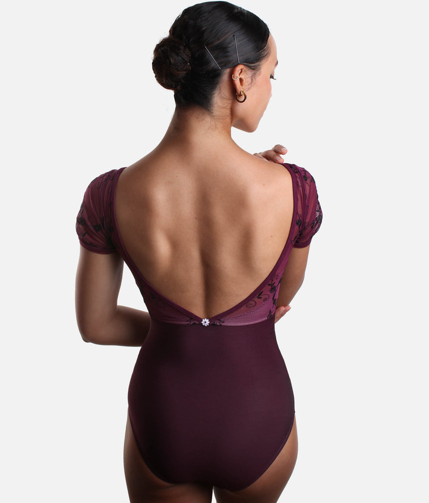 V-Neckline Dance Leotard, Embroidered Floral Mesh - ILIZIA GL TURANDOT